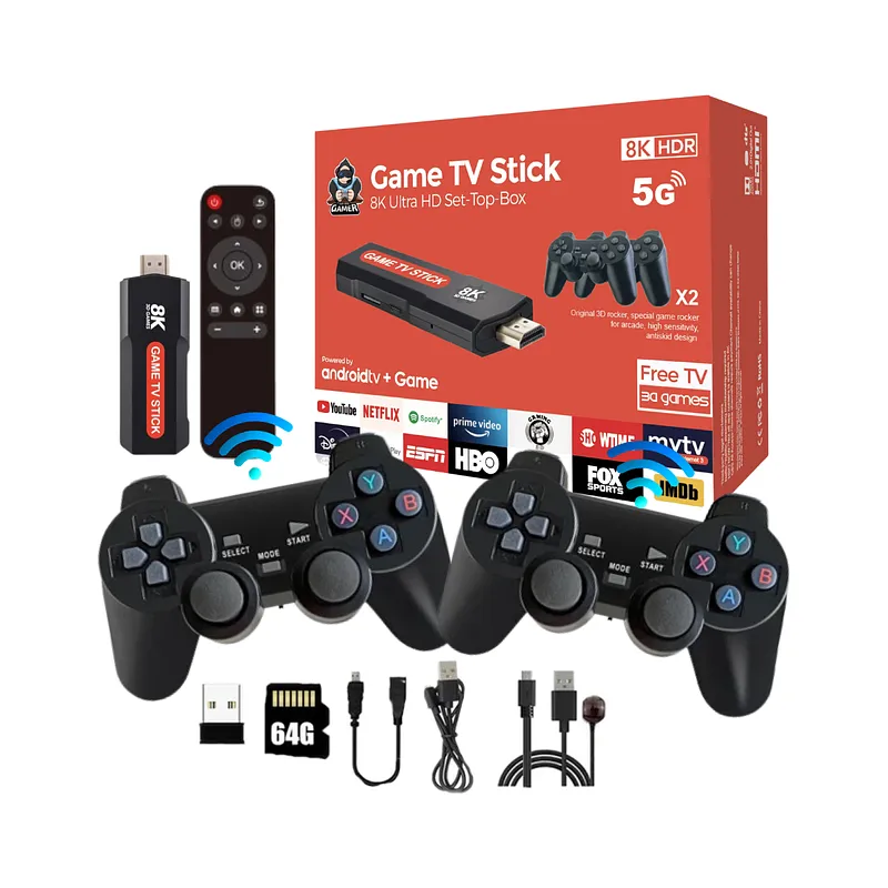 GENERICO - Game Tv Stick 2 En 1 8K Ultra Hd Android Tv Negro + Controles + Magia