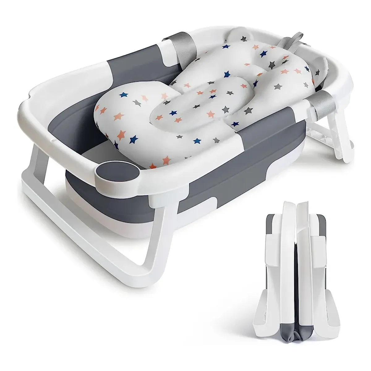 MUNDO BEBE - BAÑERA PLEGABLE PARA BEBE CON COJIN Y TERMOMETRO ULTIMO MODELO 2026 CON DESAGUE COLOR GRIS