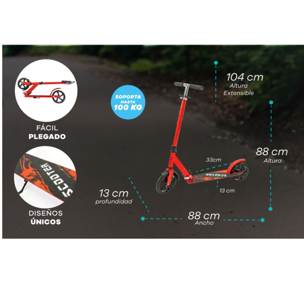 GENERICO - Patineta Scooter Plegable Llanta Grande Resistente 100kg Color Rojo