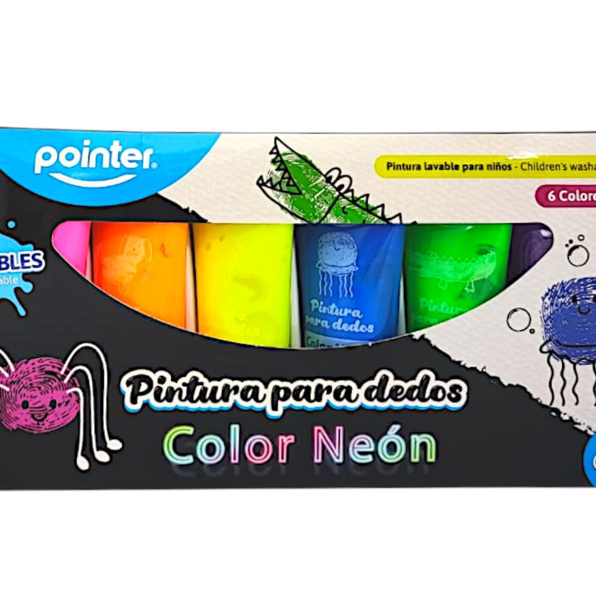 POINTER - Pinturas Lavable Pointer Para Dedos Neon 60ml X 6 Unidades. Surtido