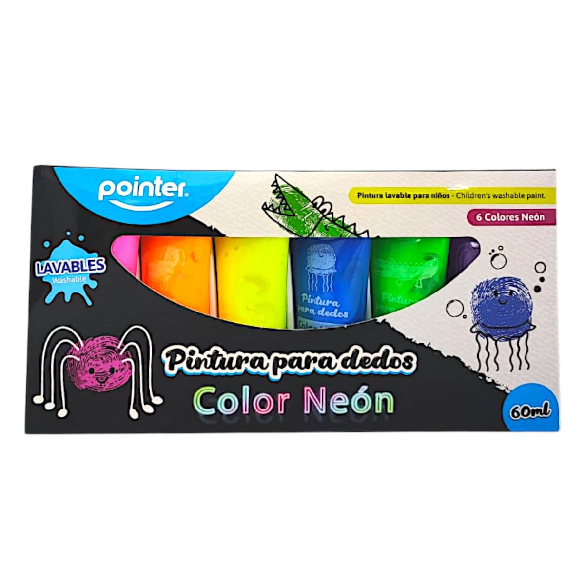 POINTER - Pinturas Lavable Pointer Para Dedos Neon 60ml X 6 Unidades. Surtido