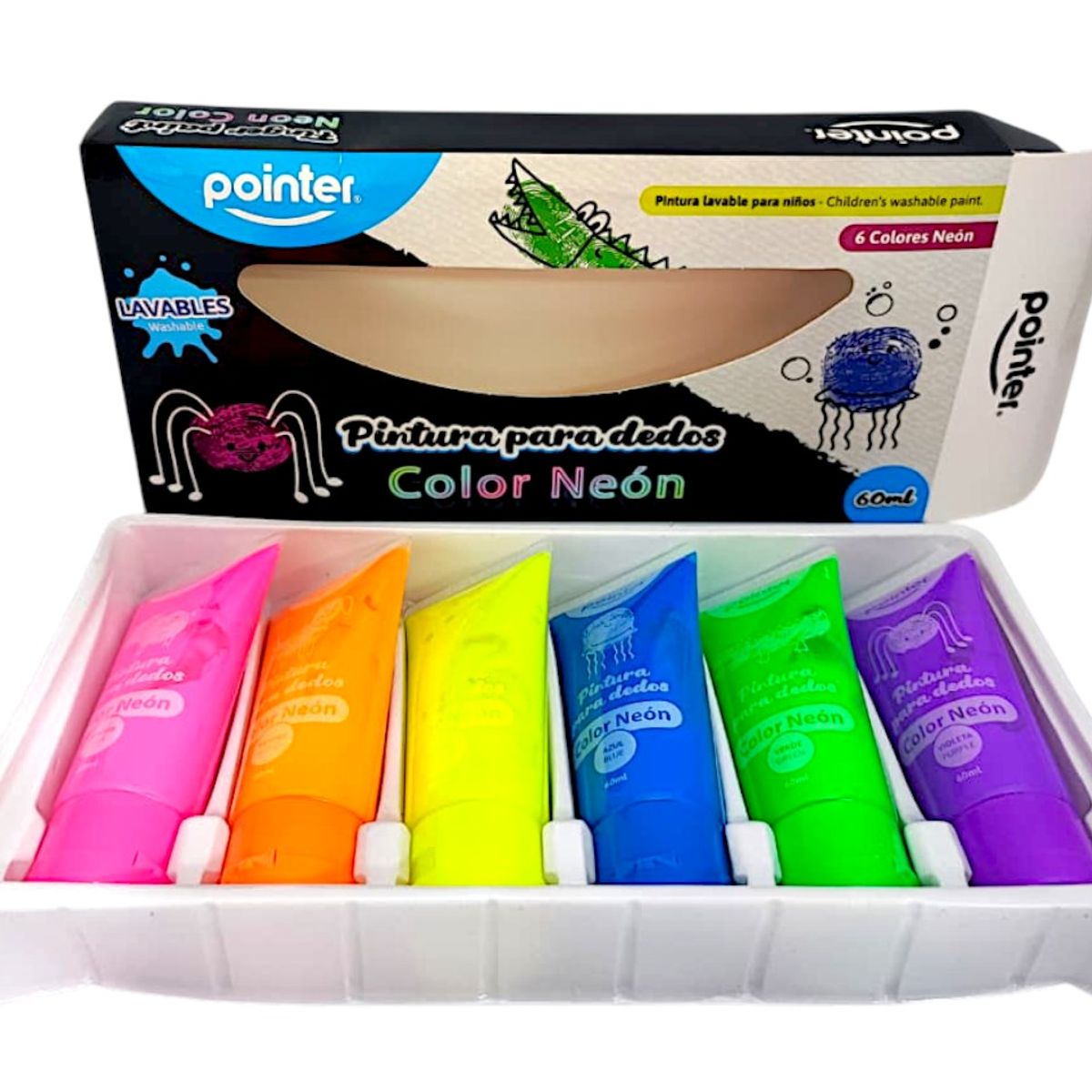 POINTER - Pinturas Lavable Pointer Para Dedos Neon 60ml X 6 Unidades. Surtido