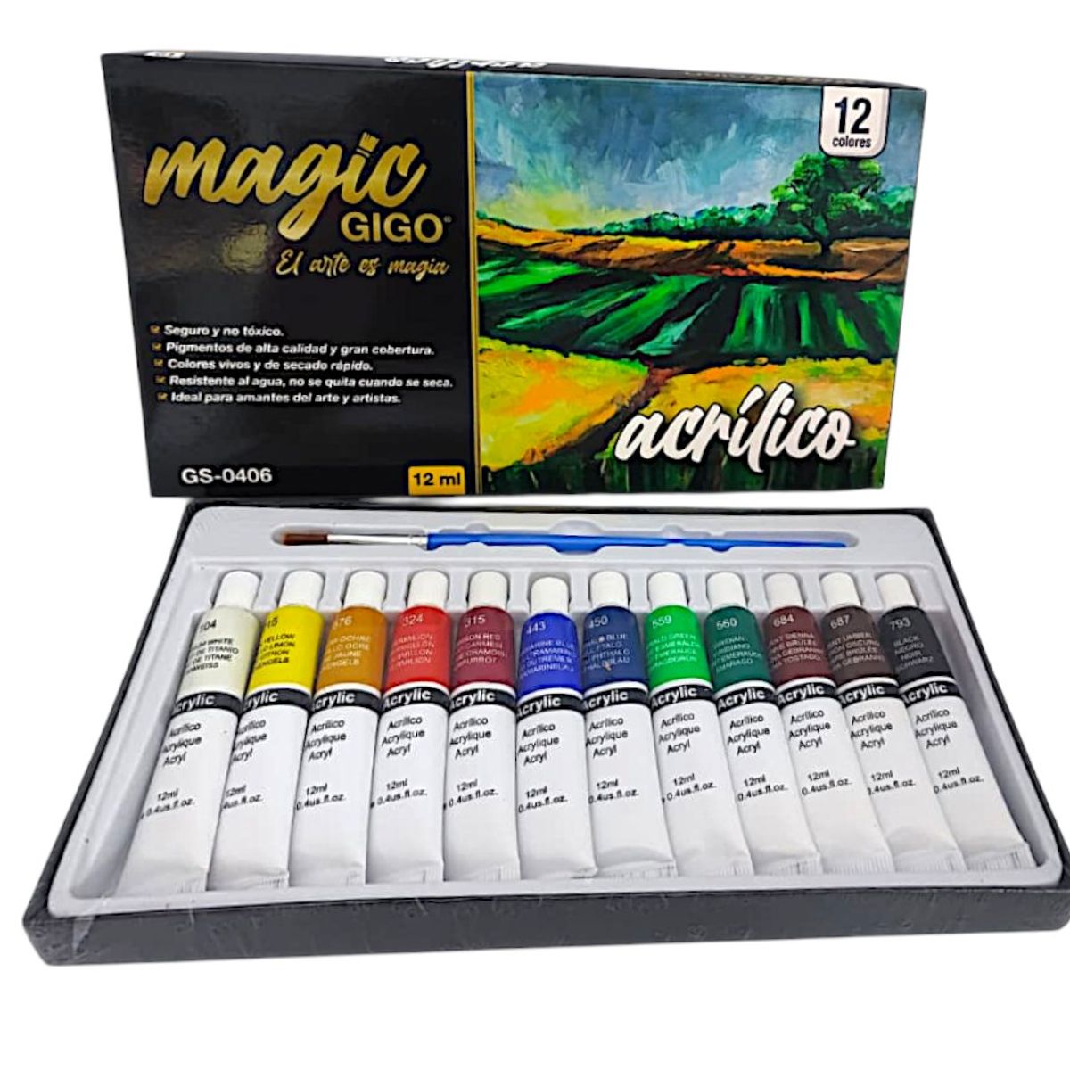 GENERICO - Pintura Acrílica Magic Gigo 12 Colores X 12ml Con Pincel Surtido