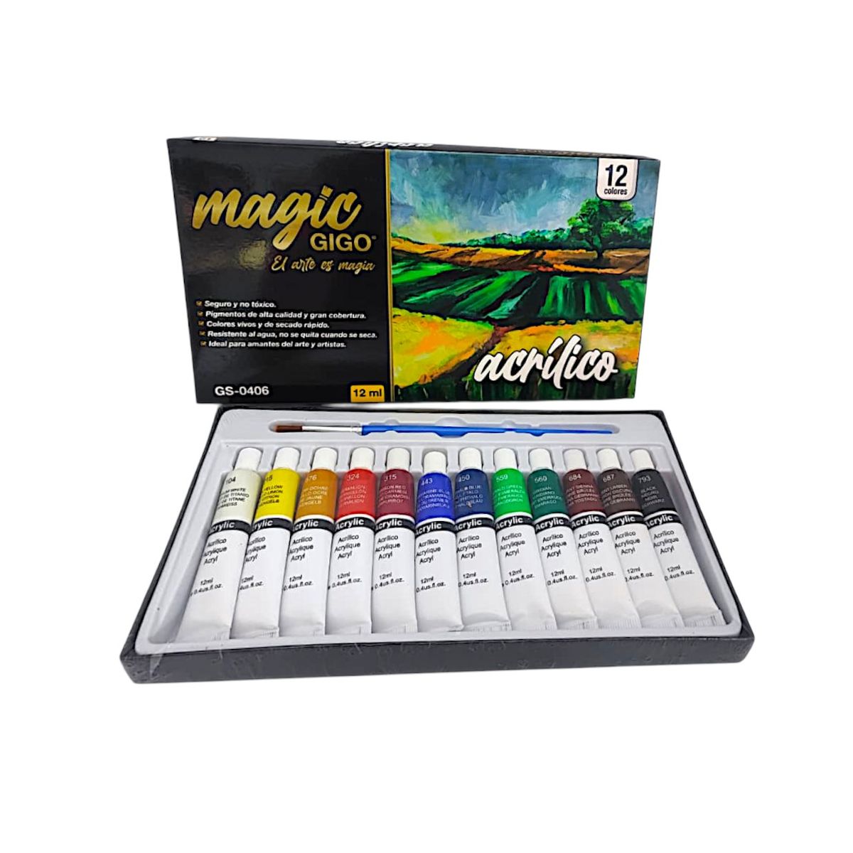 GENERICO - Pintura Acrílica Magic Gigo 12 Colores X 12ml Con Pincel Surtido