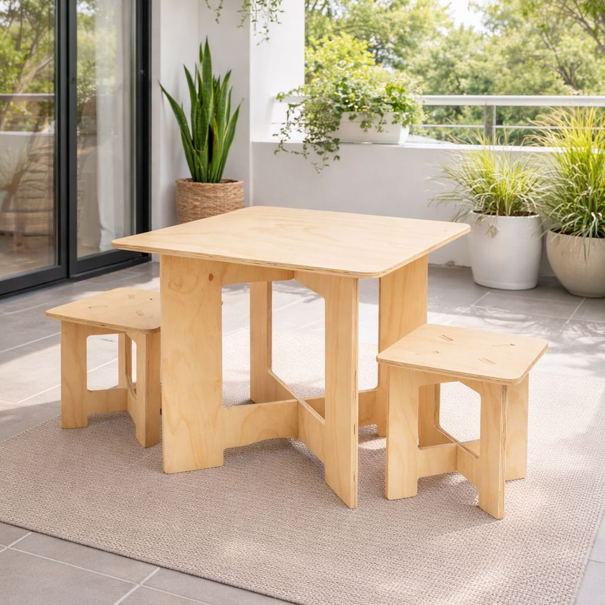 VETTA HOME - Combo Mesa comedor CLICK3 + dos Butacos TRI en Madera Plywood - Armado Rápido