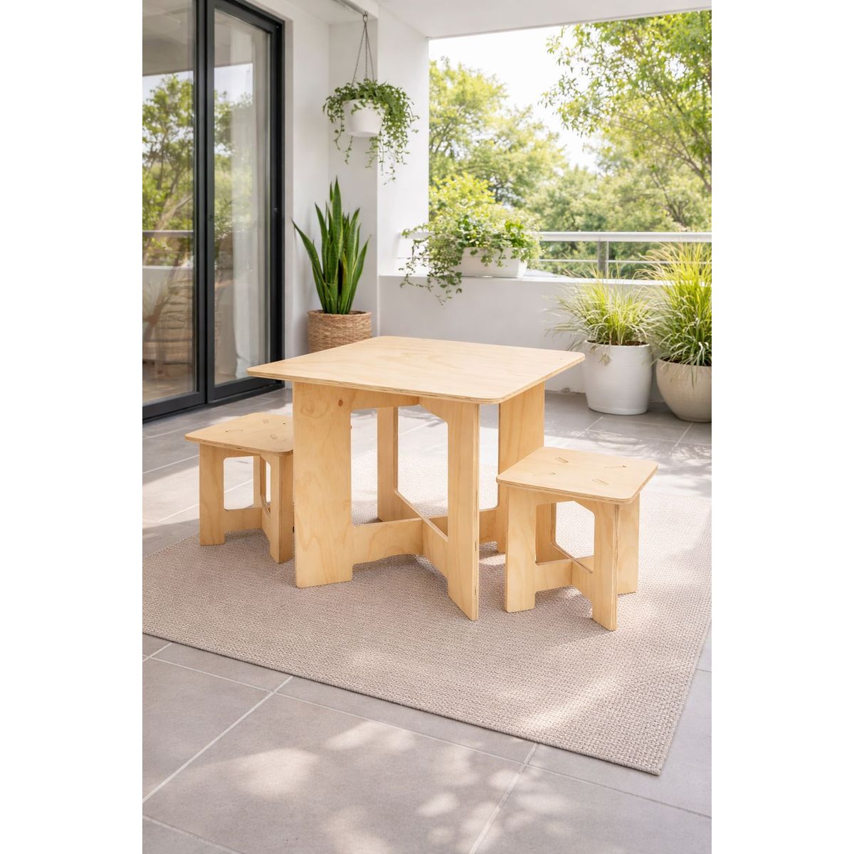 VETTA HOME - Combo Mesa comedor CLICK3 + dos Butacos TRI en Madera Plywood - Armado Rápido