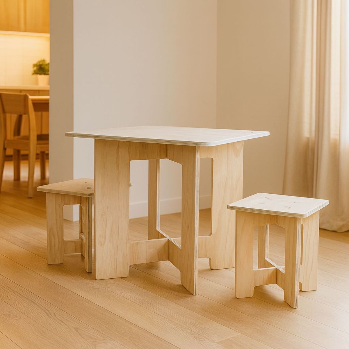 VETTA HOME - Combo Mesa comedor CLICK3 + dos Butacos TRI en Madera Plywood - Armado Rápido
