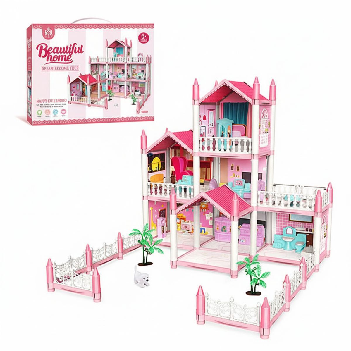 GENERICO - casa de muñecas 3 pisos habitaciones balcon y terraza luces led con muebles regalo niñas