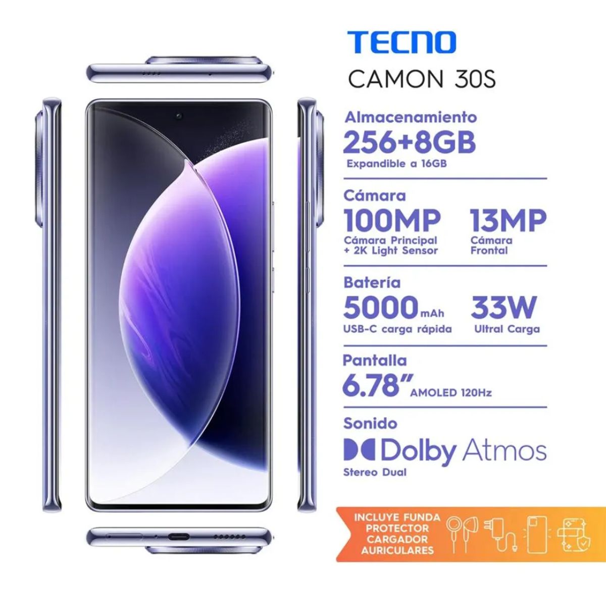 TECNO MOBILE - Celular Tecno Camon 30S  8Gb Ram 256GB 4G Morado
