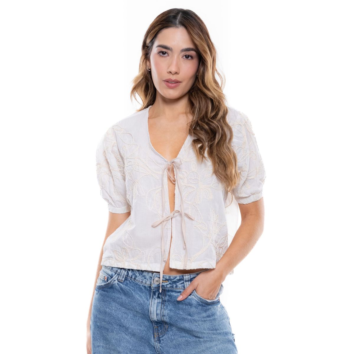 COLOR BLUE - Camisa Manga Corta Anudada En Frente