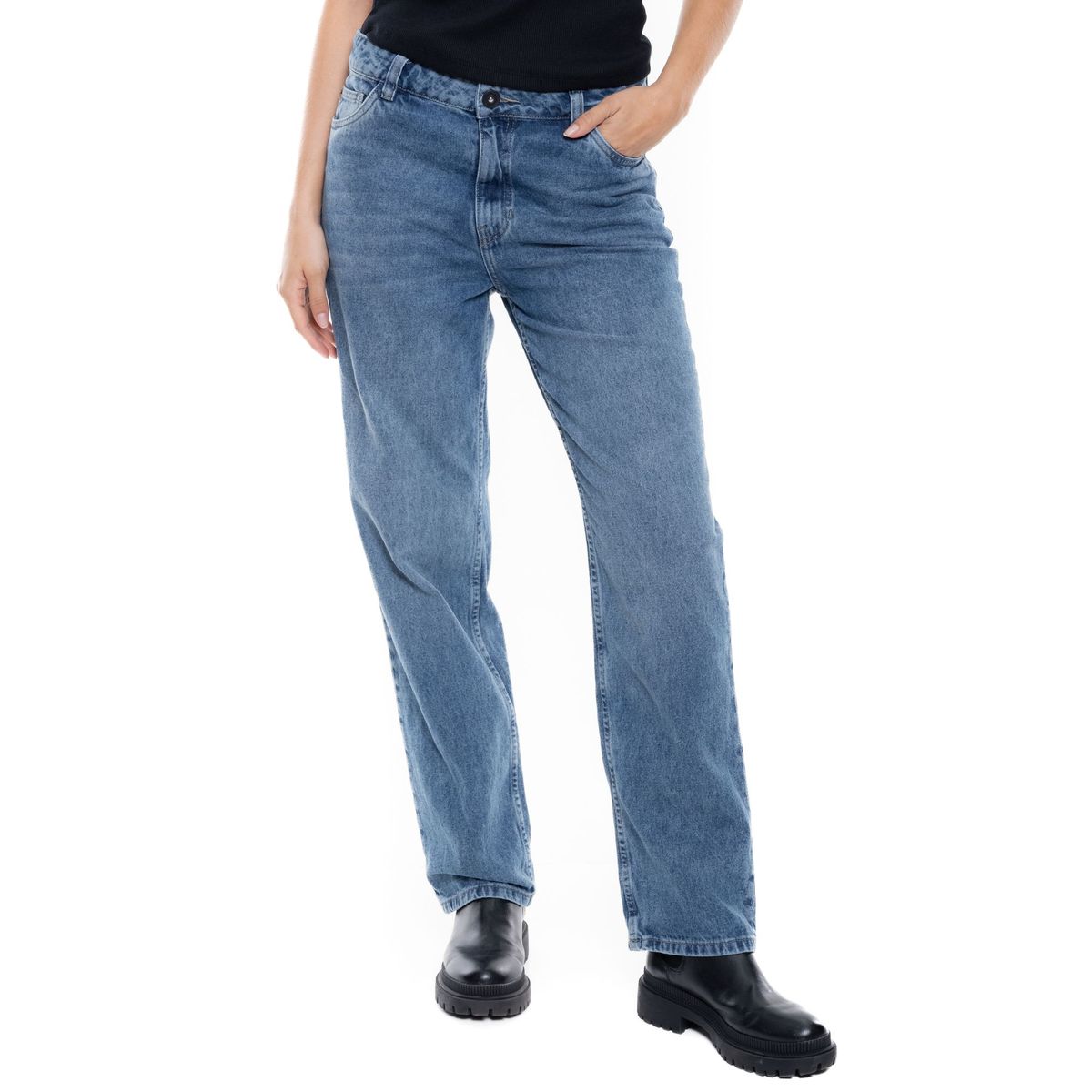 COLOR BLUE - Medium Waist Straight Fit Jeans Tono Medio