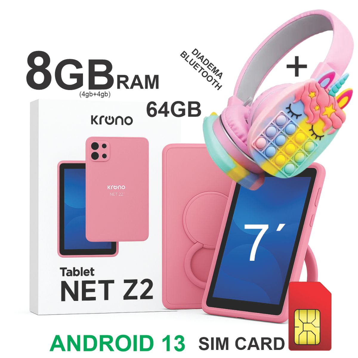 KRONO - Tablet Niñas 7 Pulgadas Sim Card 64GB Android 13 + Diadema ROSADO
