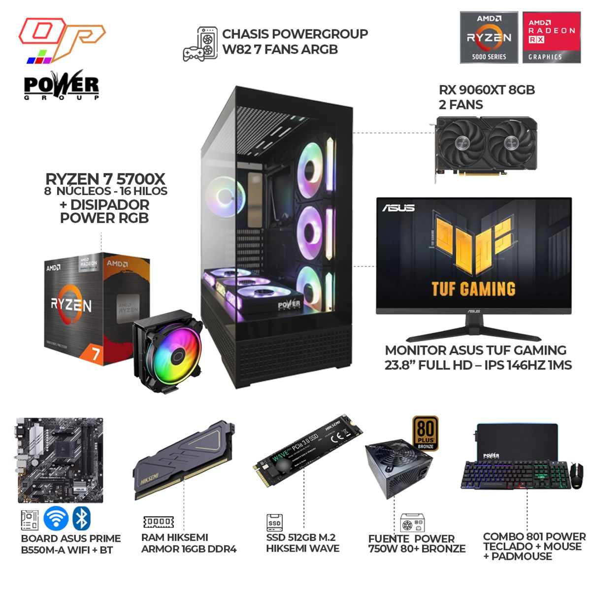 POWER GROUP - PC GAMER RYZEN 7 5700X - RX 9060XT 8GB + MONITOR ASUS TUF 24" 146HZ - RAM 16GB SSD 512GB - B550 WIFI