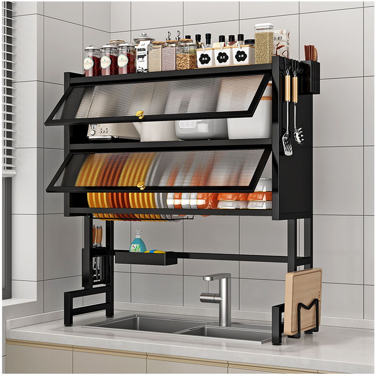 ONE PIXEL - Escurridor Organizador De Platos 2 Niveles Con Tapa 75cm Doble Nivel