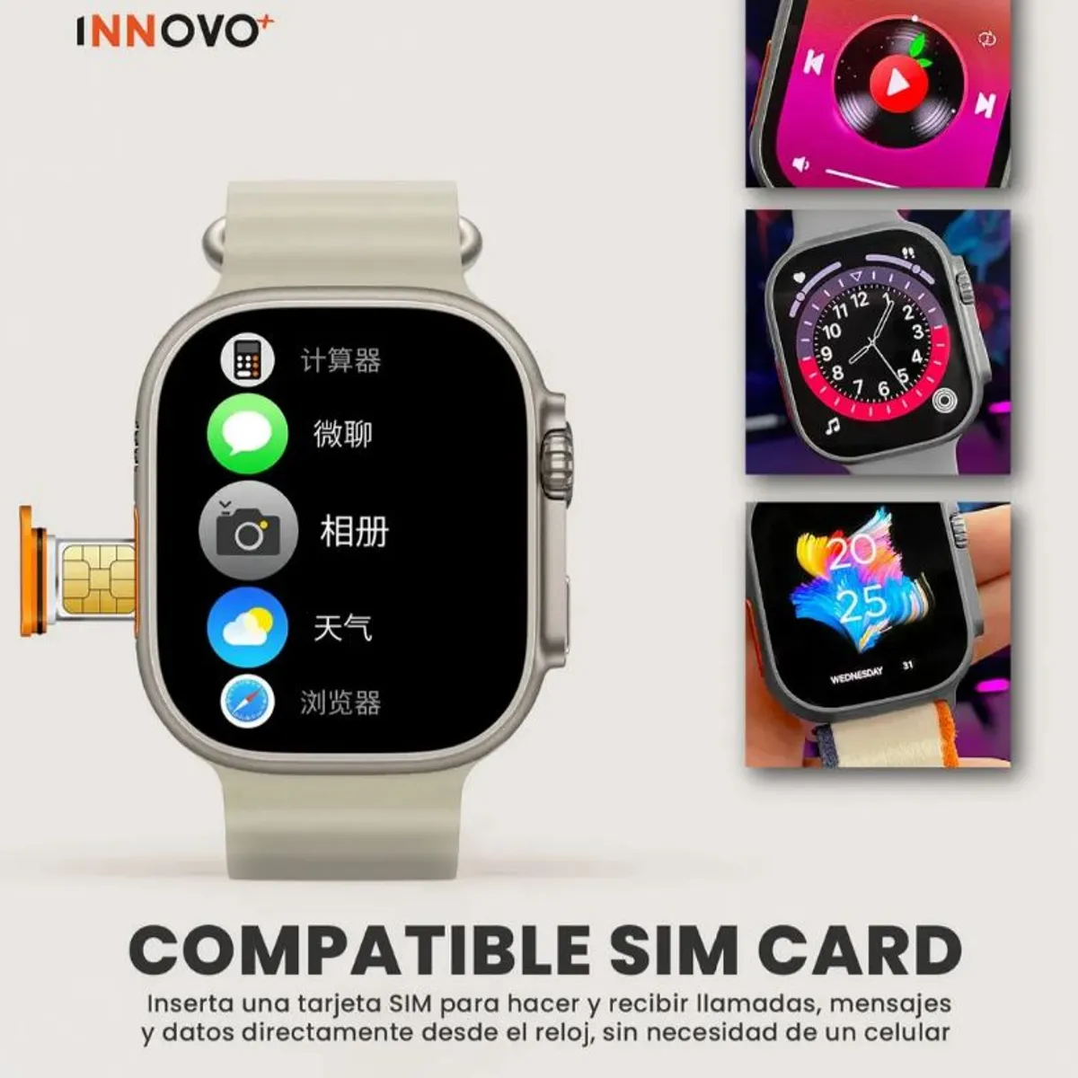 INNOVA - Smartwatch Mobulaa Tel 1 Sim 3 Correas 49mm Gris 5.3 Tik Tok Redes Sociales