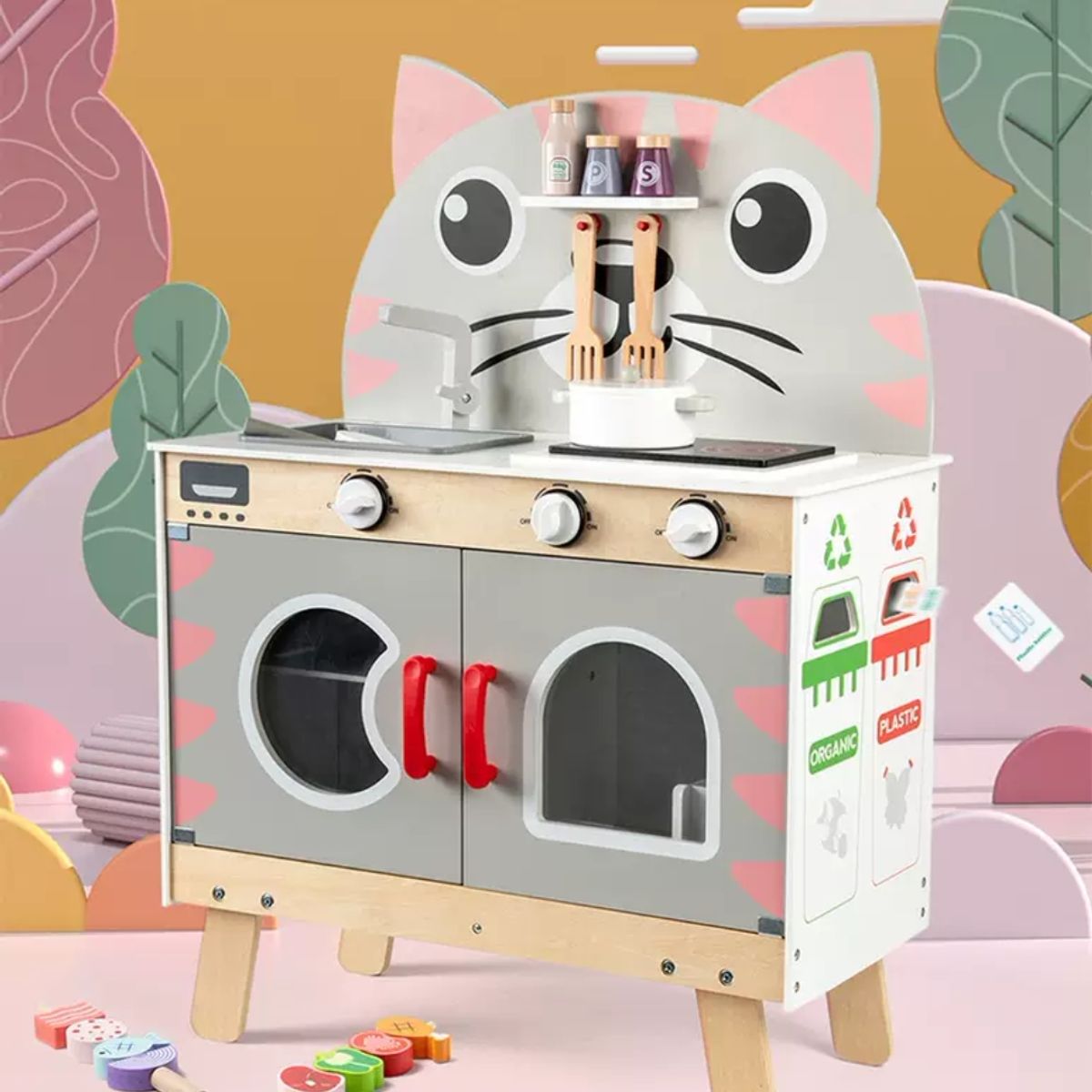 GENERICO - Cocina Infantil Gatica en Madera con Estacion BBQ Tablero Actividad Reciclaje y Utensilios