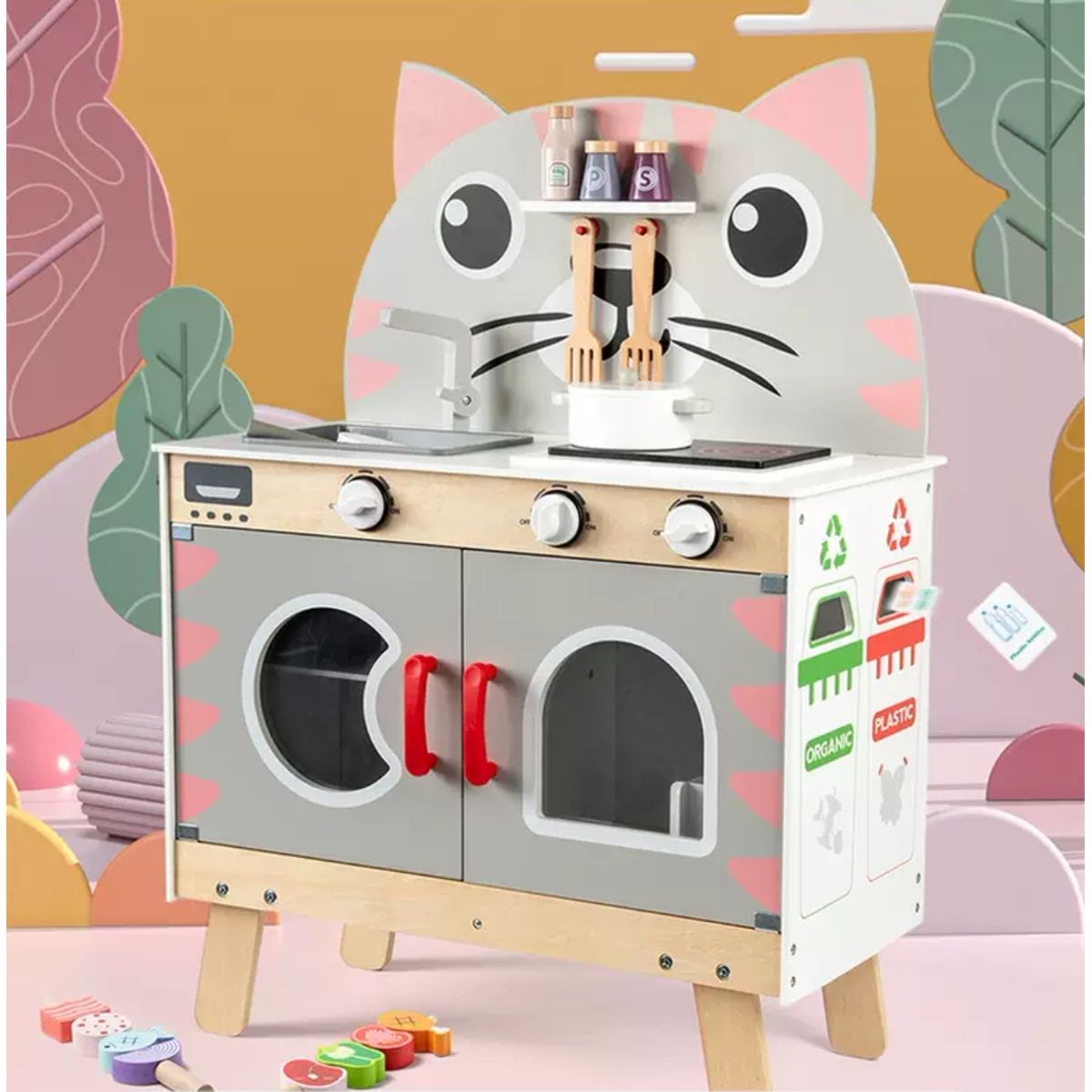 GENERICO - Cocina Infantil Gatica en Madera con Estacion BBQ Tablero Actividad Reciclaje y Utensilios