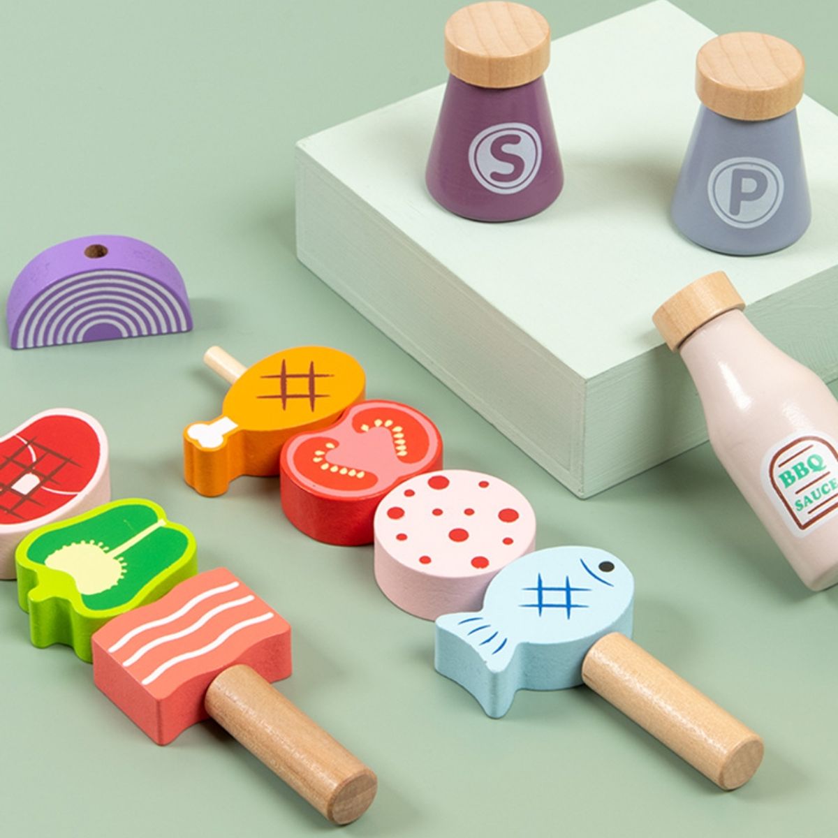 GENERICO - Cocina Infantil Gatica en Madera con Estacion BBQ Tablero Actividad Reciclaje y Utensilios