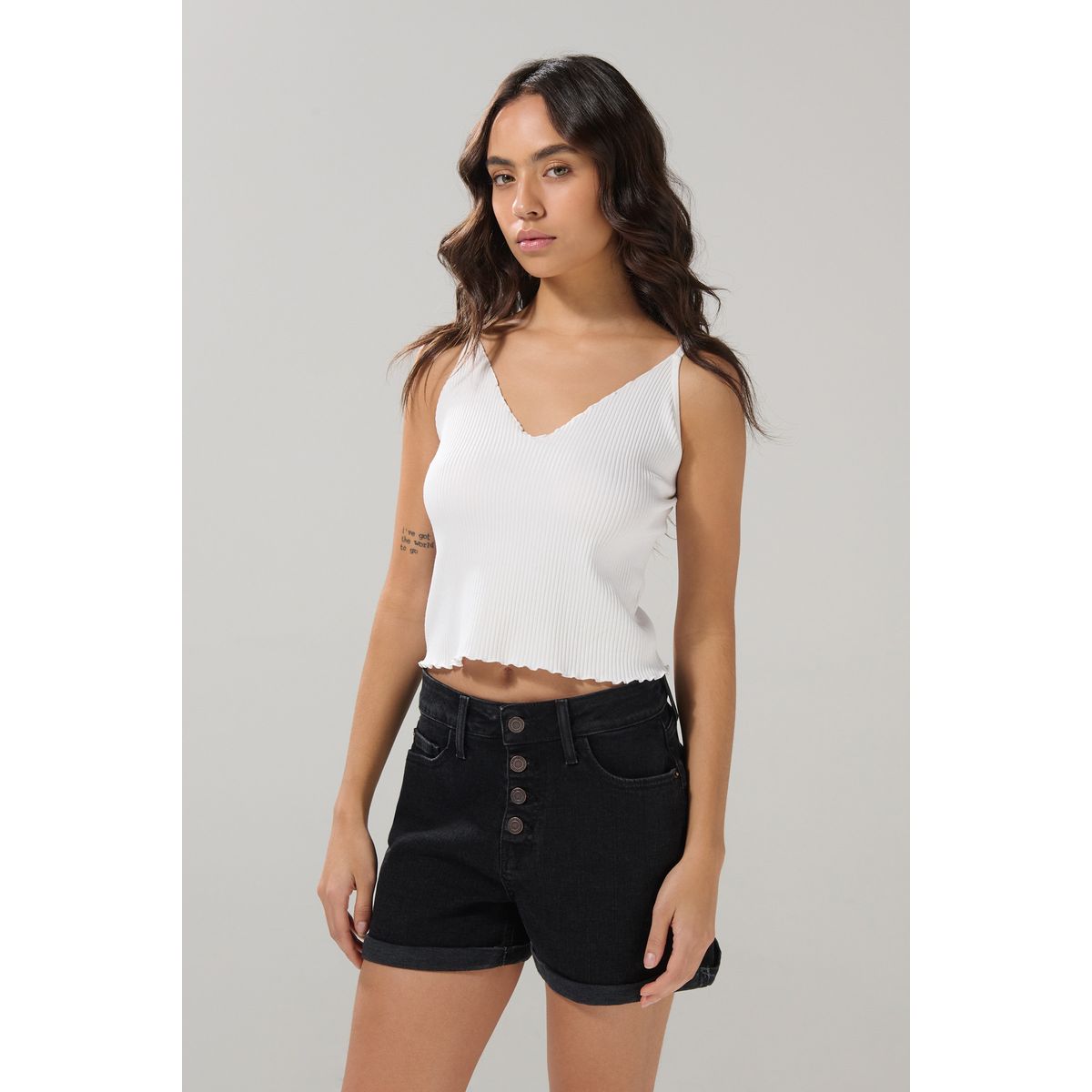KOAJ - KOAJ Short de jean gris intenso con botones y tiro alto Mujer