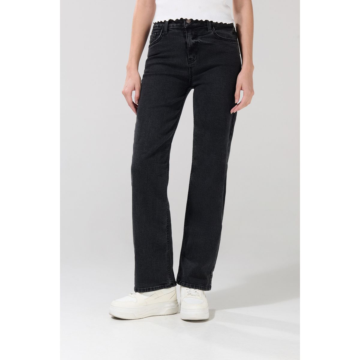 KOAJ - KOAJ Jean straight leg tiro alto gris intenso con bota rect Mujer