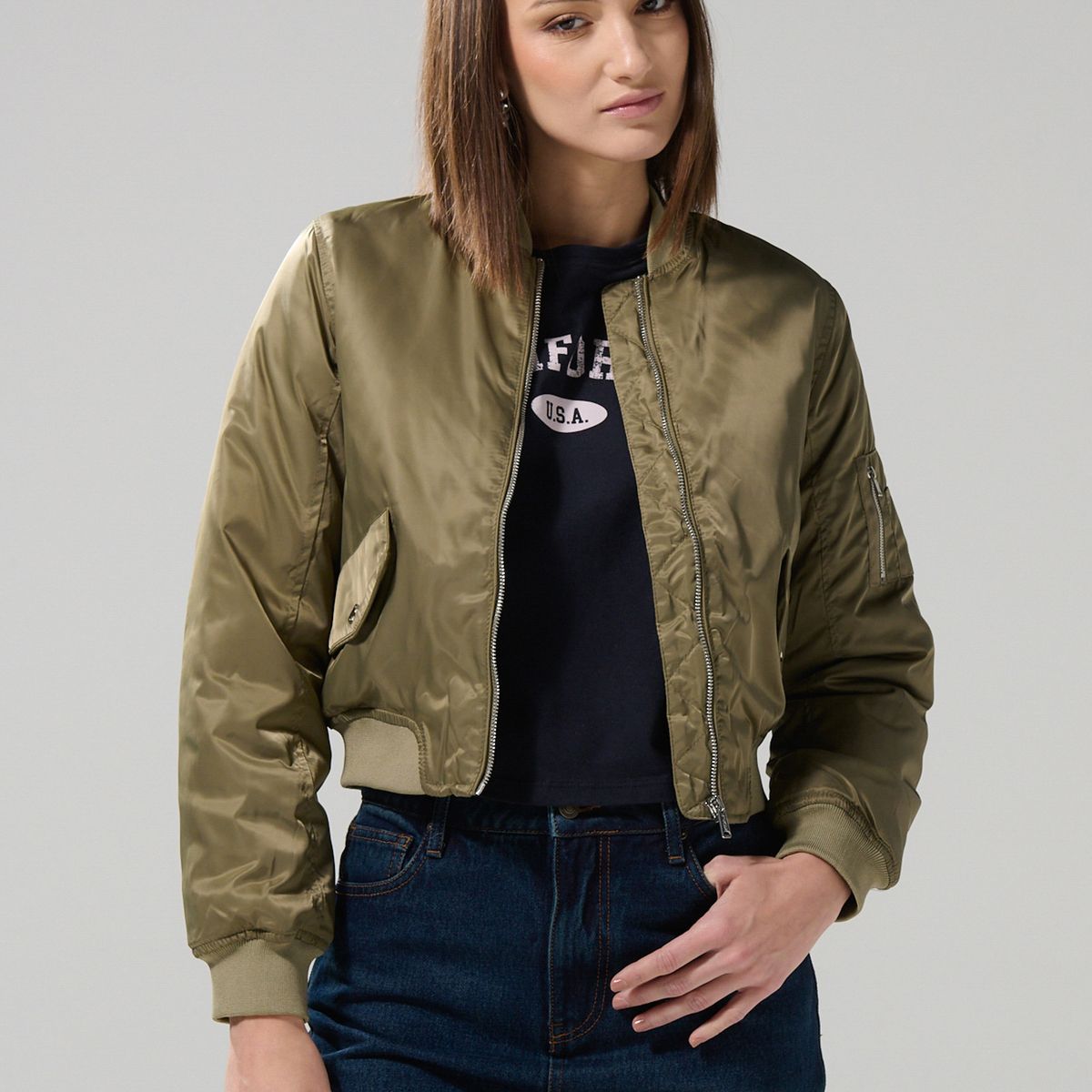 KOAJ - KOAJ Chaqueta unicolor bomber con acolchado interno y bolsi Mujer