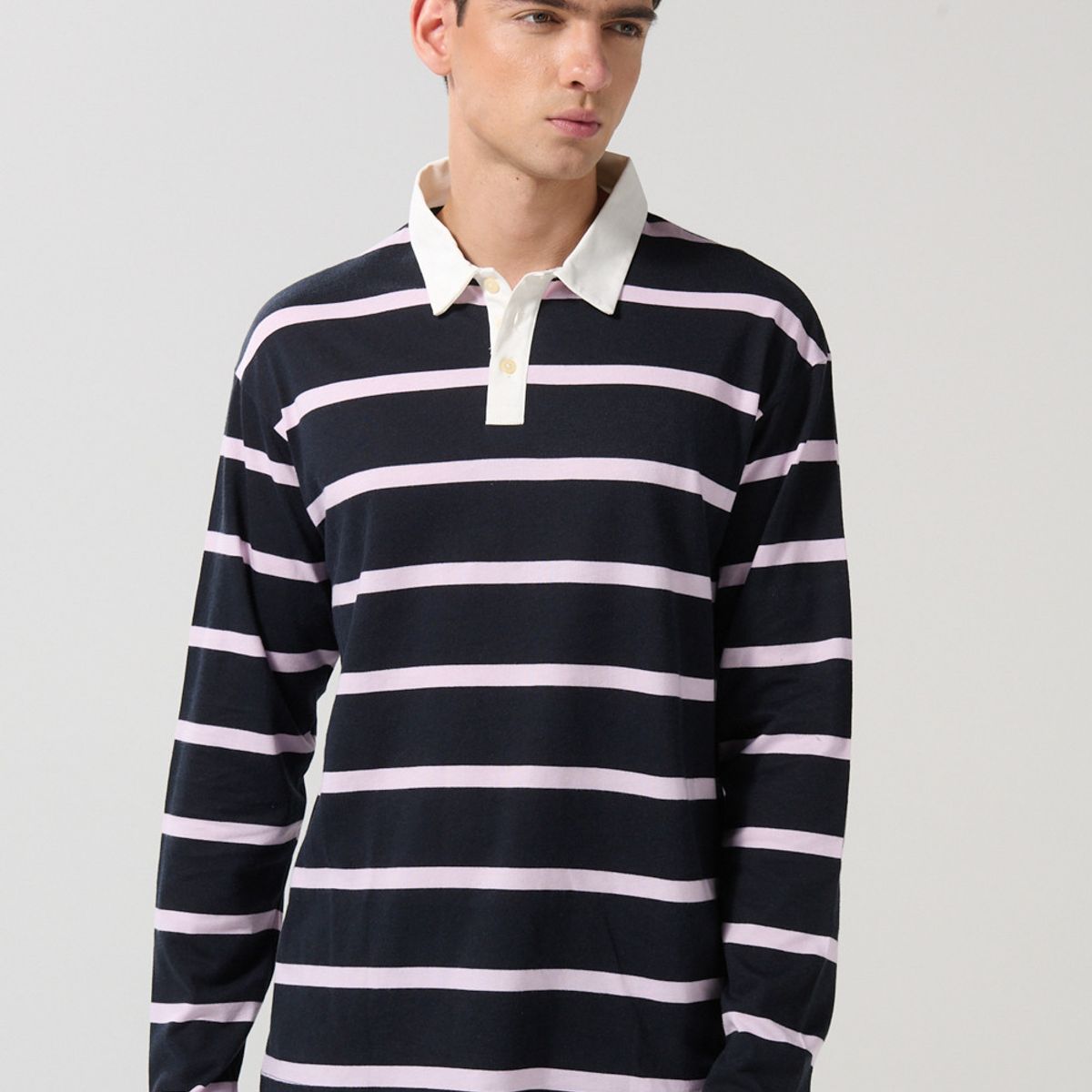 KOAJ - KOAJ Camiseta polo azul con manga larga y rayas en contraste Hombre