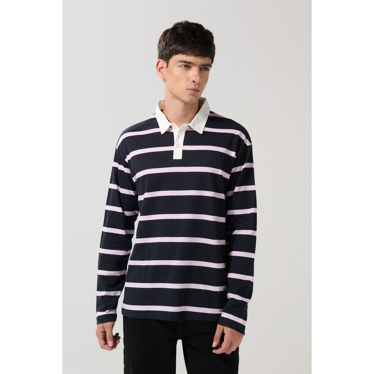 KOAJ - KOAJ Camiseta polo azul con manga larga y rayas en contraste Hombre