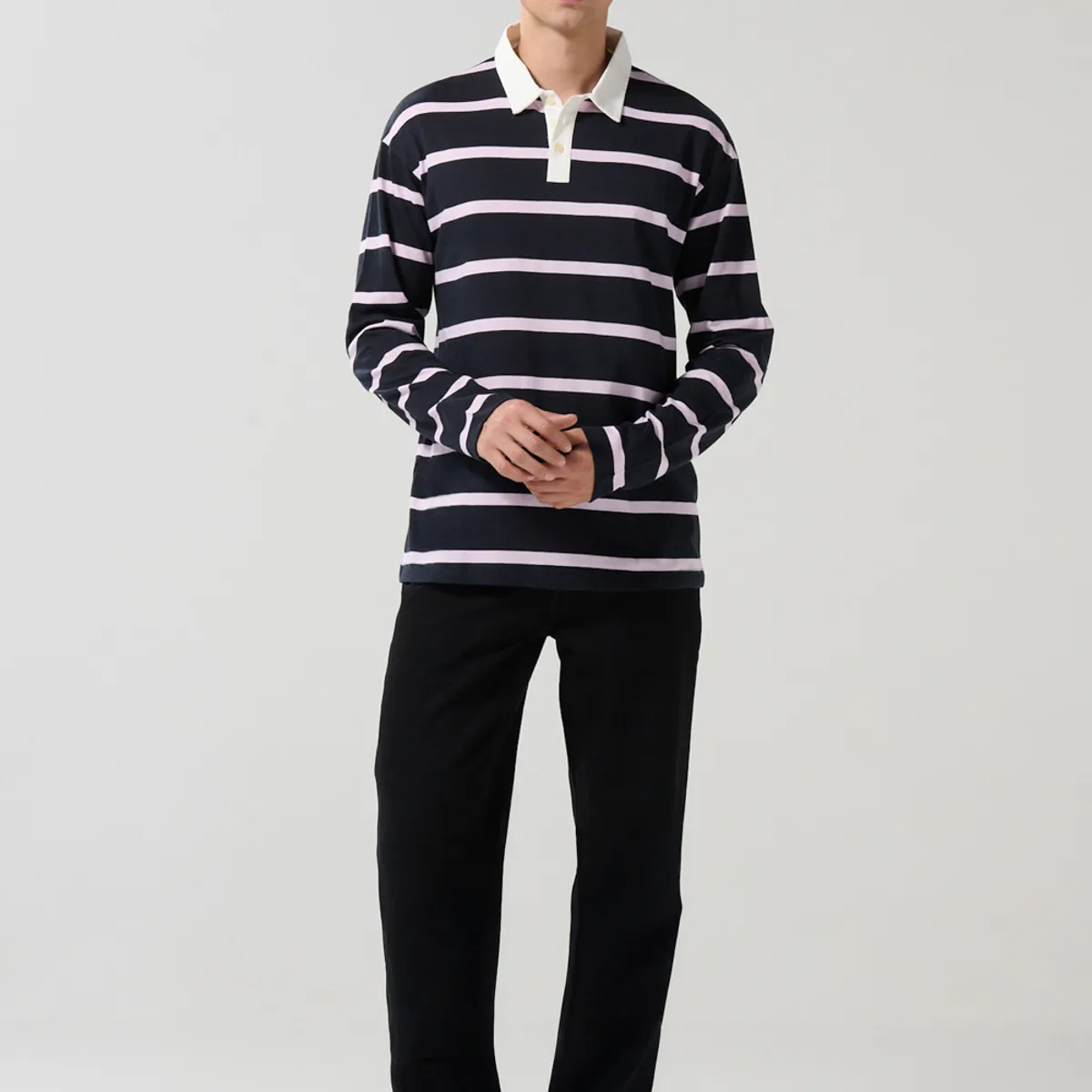 KOAJ - KOAJ Camiseta polo azul con manga larga y rayas en contraste Hombre