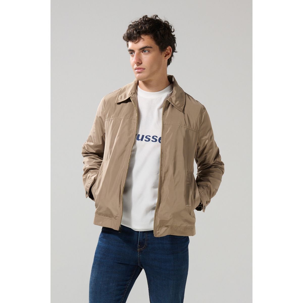 KOAJ - KOAJ Chaqueta liviana kaki medio con bolsillos y cuello tru Hombre