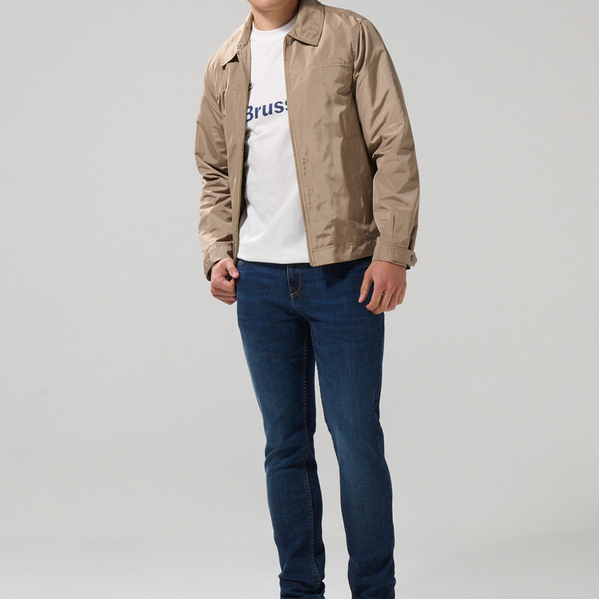 KOAJ - KOAJ Chaqueta liviana kaki medio con bolsillos y cuello tru Hombre