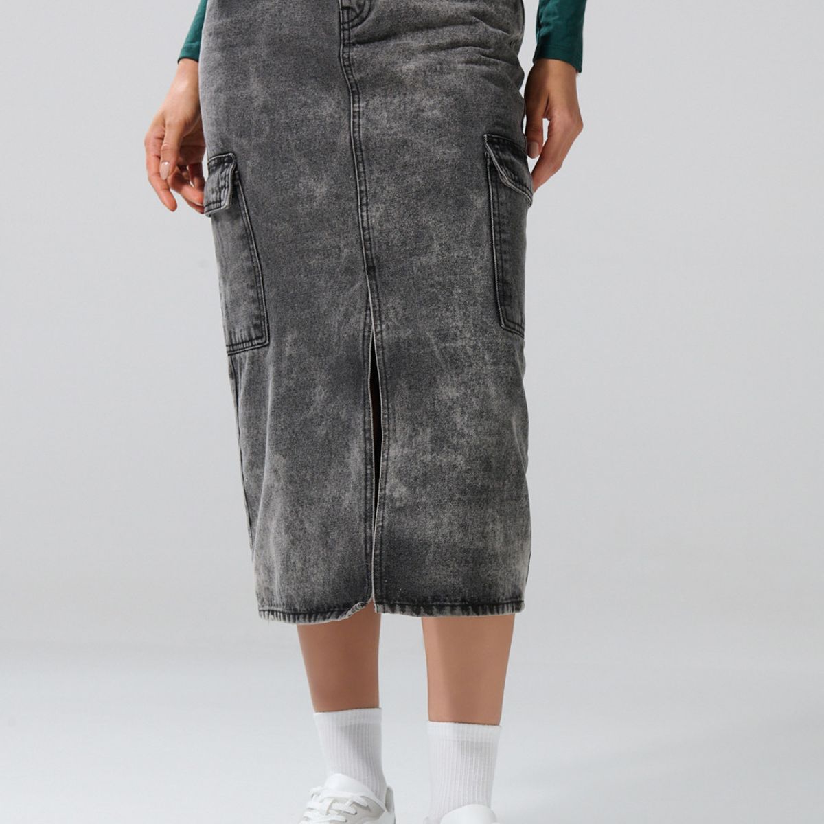 KOAJ - KOAJ Falda larga de jean cargo gris oscura con tiro medio Mujer