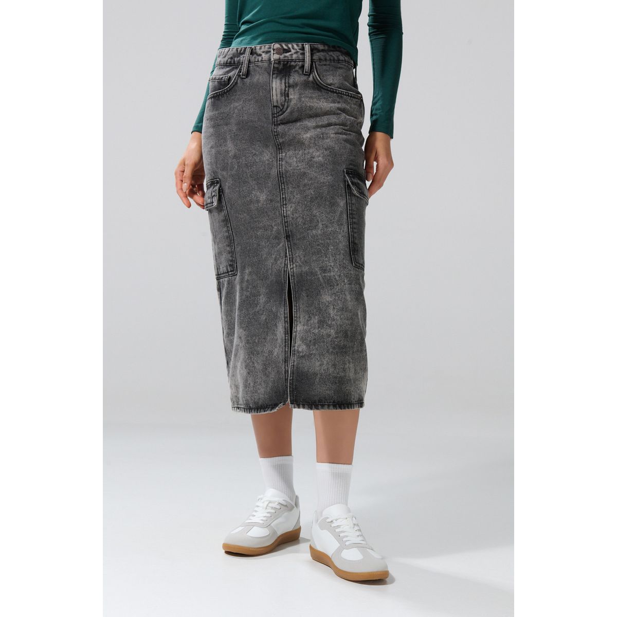 KOAJ - KOAJ Falda larga de jean cargo gris oscura con tiro medio Mujer