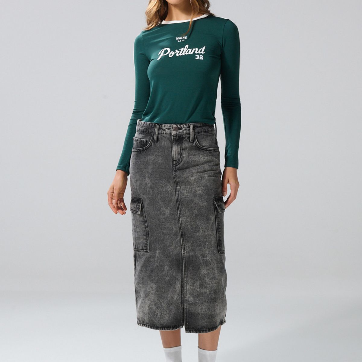 KOAJ - KOAJ Falda larga de jean cargo gris oscura con tiro medio Mujer