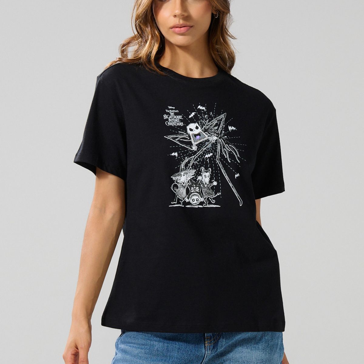 KOAJ - KOAJ Camiseta negra de Nightmare Before Christmas cuello re Mujer