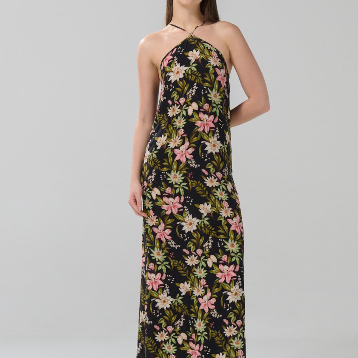 KOAJ - KOAJ Vestido largo negro con diseños de flores y manga sisa Mujer