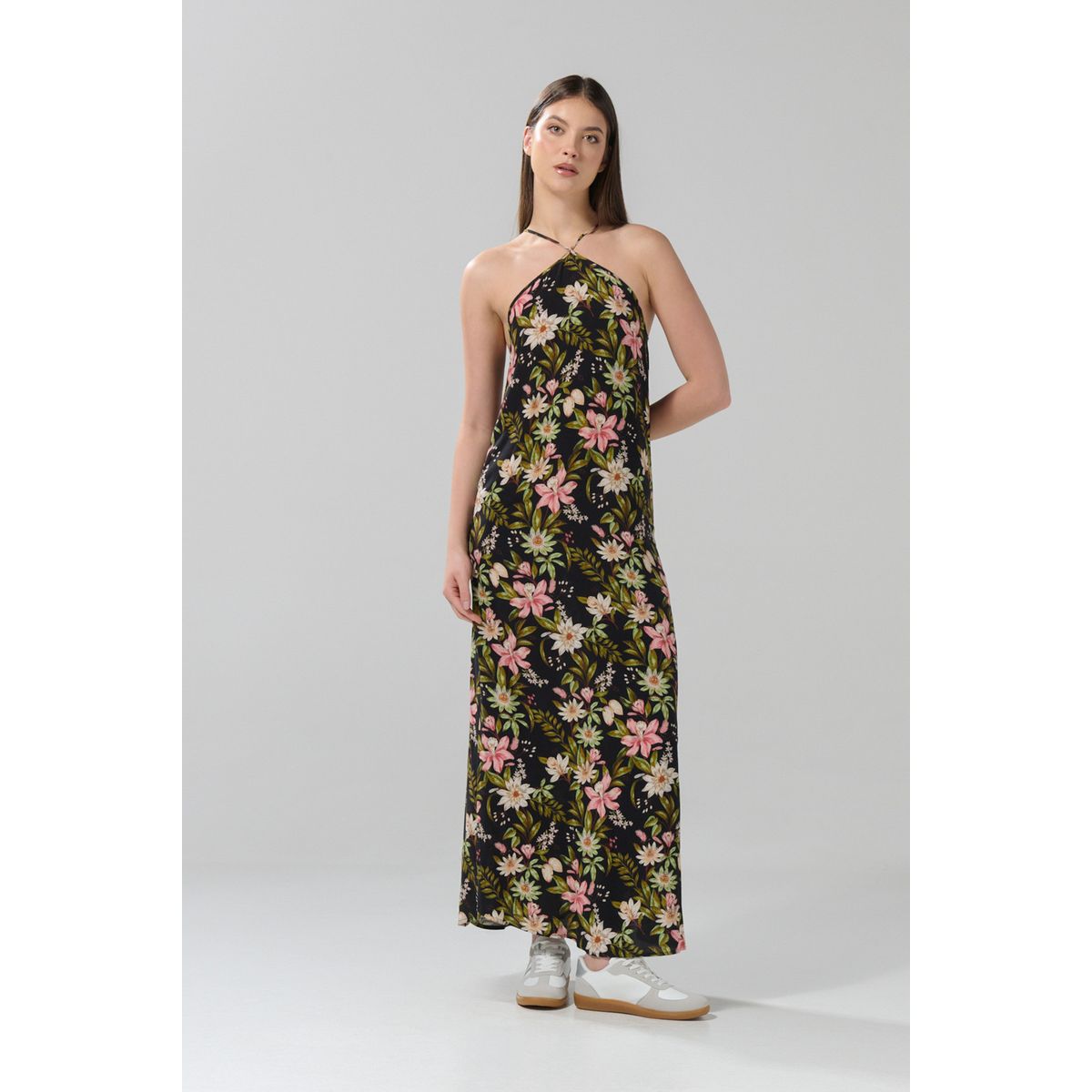 KOAJ - KOAJ Vestido largo negro con diseños de flores y manga sisa Mujer