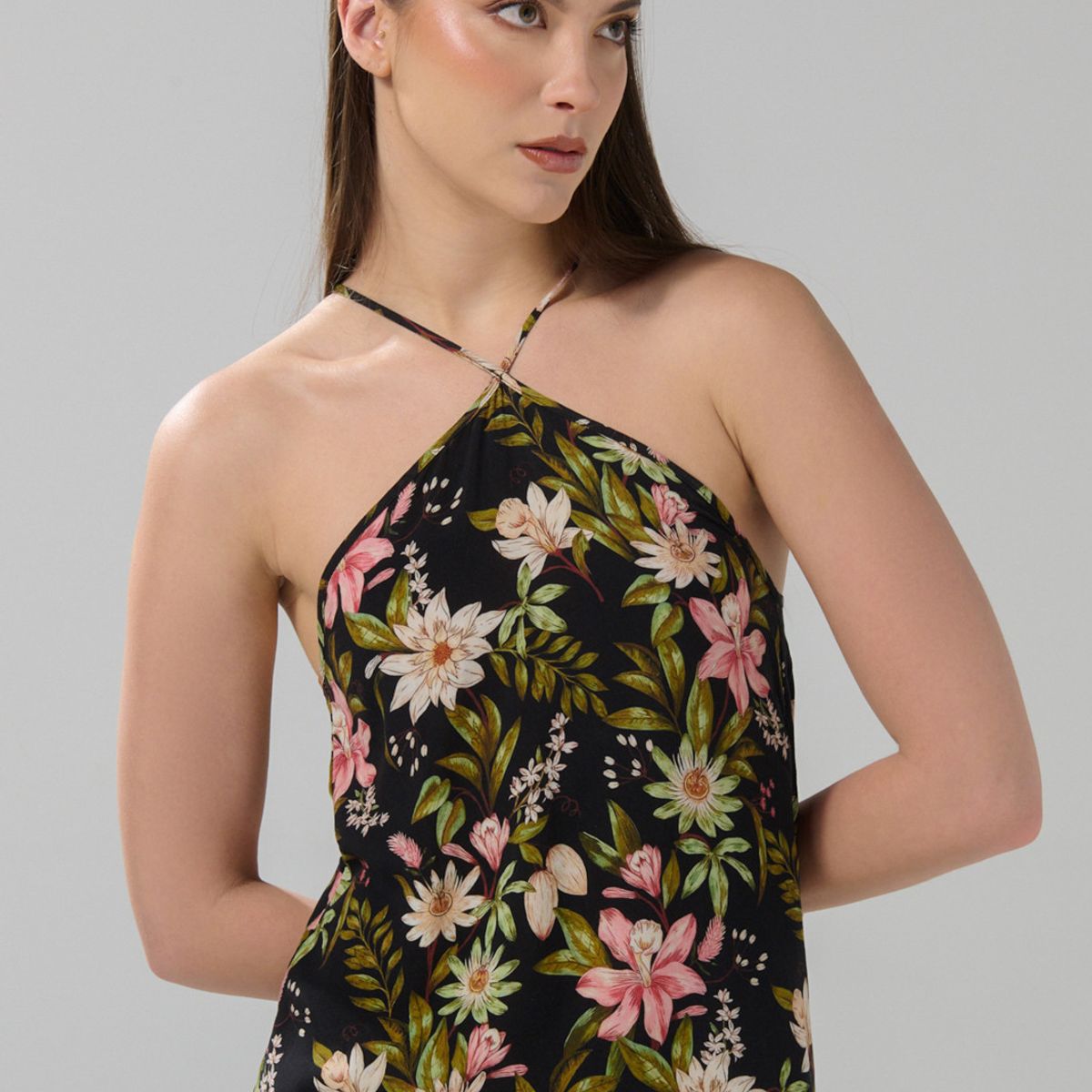 KOAJ - KOAJ Vestido largo negro con diseños de flores y manga sisa Mujer