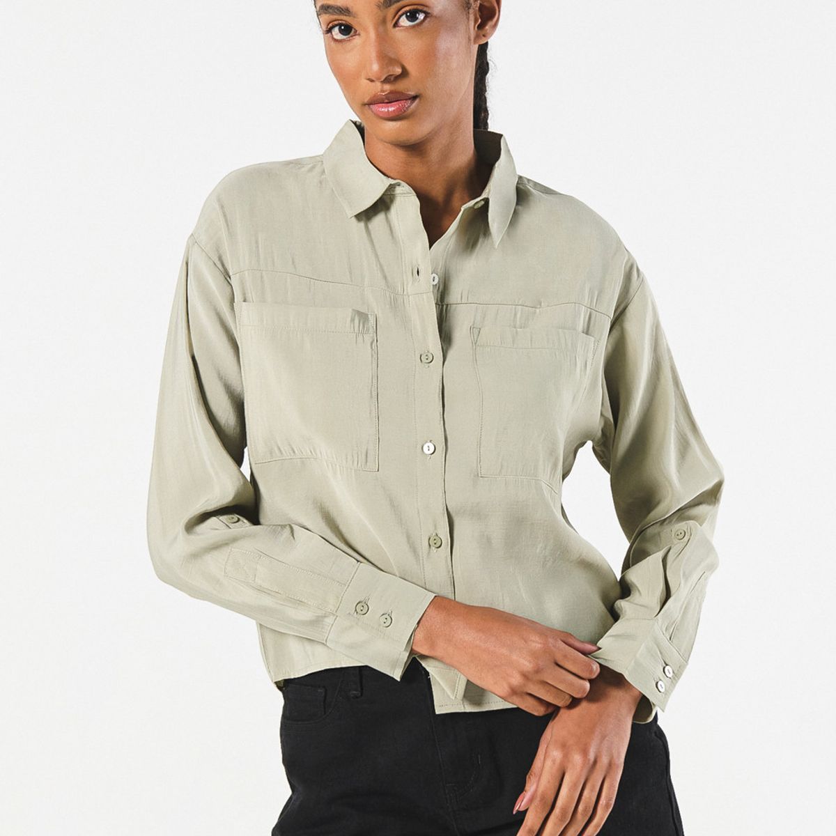 KOAJ - KOAJ BLUSA  UNICOLOR CUELLO CAMISERO MANGA LARGA CON CHARRET Mujer