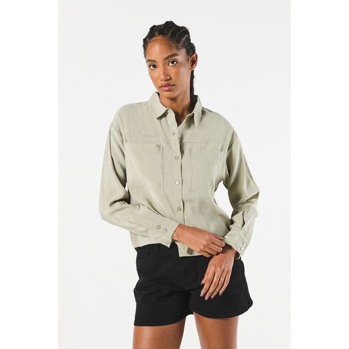 KOAJ - KOAJ BLUSA  UNICOLOR CUELLO CAMISERO MANGA LARGA CON CHARRET Mujer