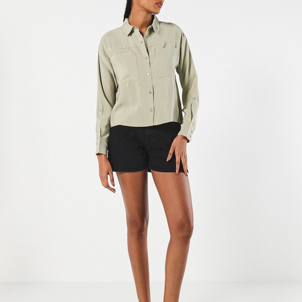 KOAJ - KOAJ BLUSA  UNICOLOR CUELLO CAMISERO MANGA LARGA CON CHARRET Mujer