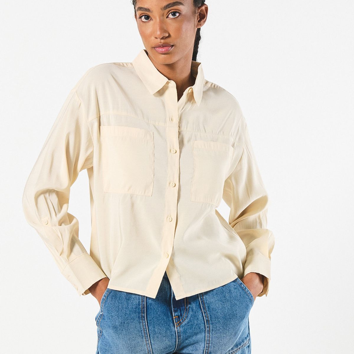 KOAJ - KOAJ BLUSA  UNICOLOR CUELLO CAMISERO MANGA LARGA CON CHARRET Mujer