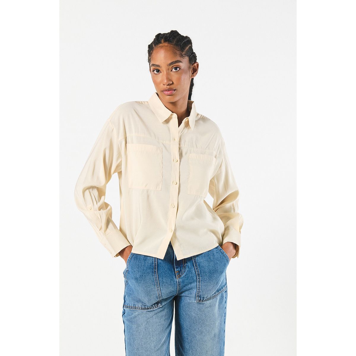 KOAJ - KOAJ BLUSA  UNICOLOR CUELLO CAMISERO MANGA LARGA CON CHARRET Mujer