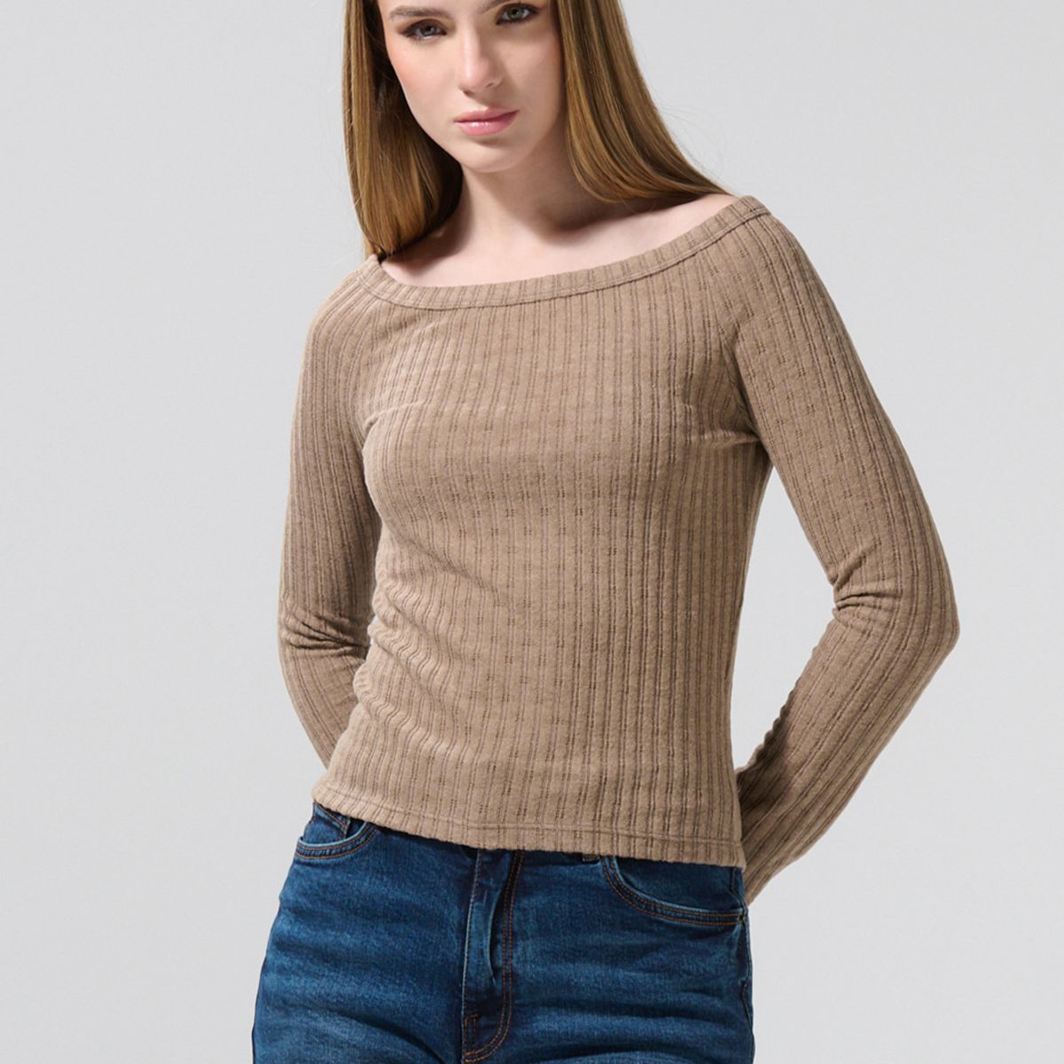 KOAJ - KOAJ Camiseta crop top unicolor con manga larga y cuello ba Mujer