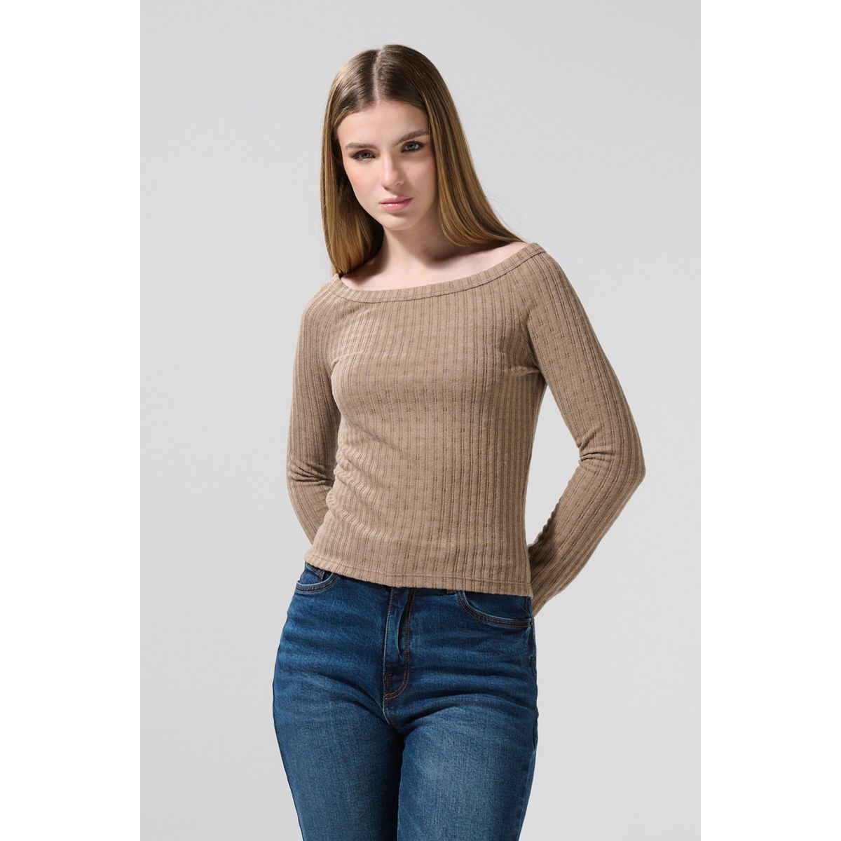 KOAJ - KOAJ Camiseta crop top unicolor con manga larga y cuello ba Mujer