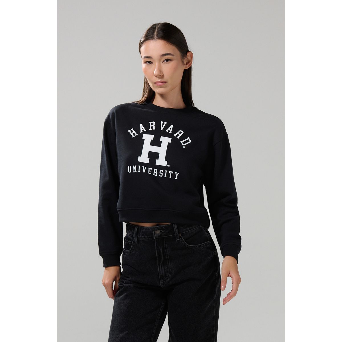 KOAJ - KOAJ Buzo negro cuello redondo con estampado de Harvard Mujer