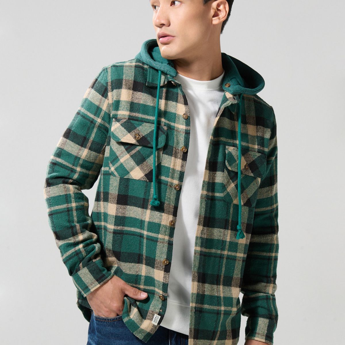 KOAJ - KOAJ Sobrecamisa con capota unicolor a cuadros oversize Hombre