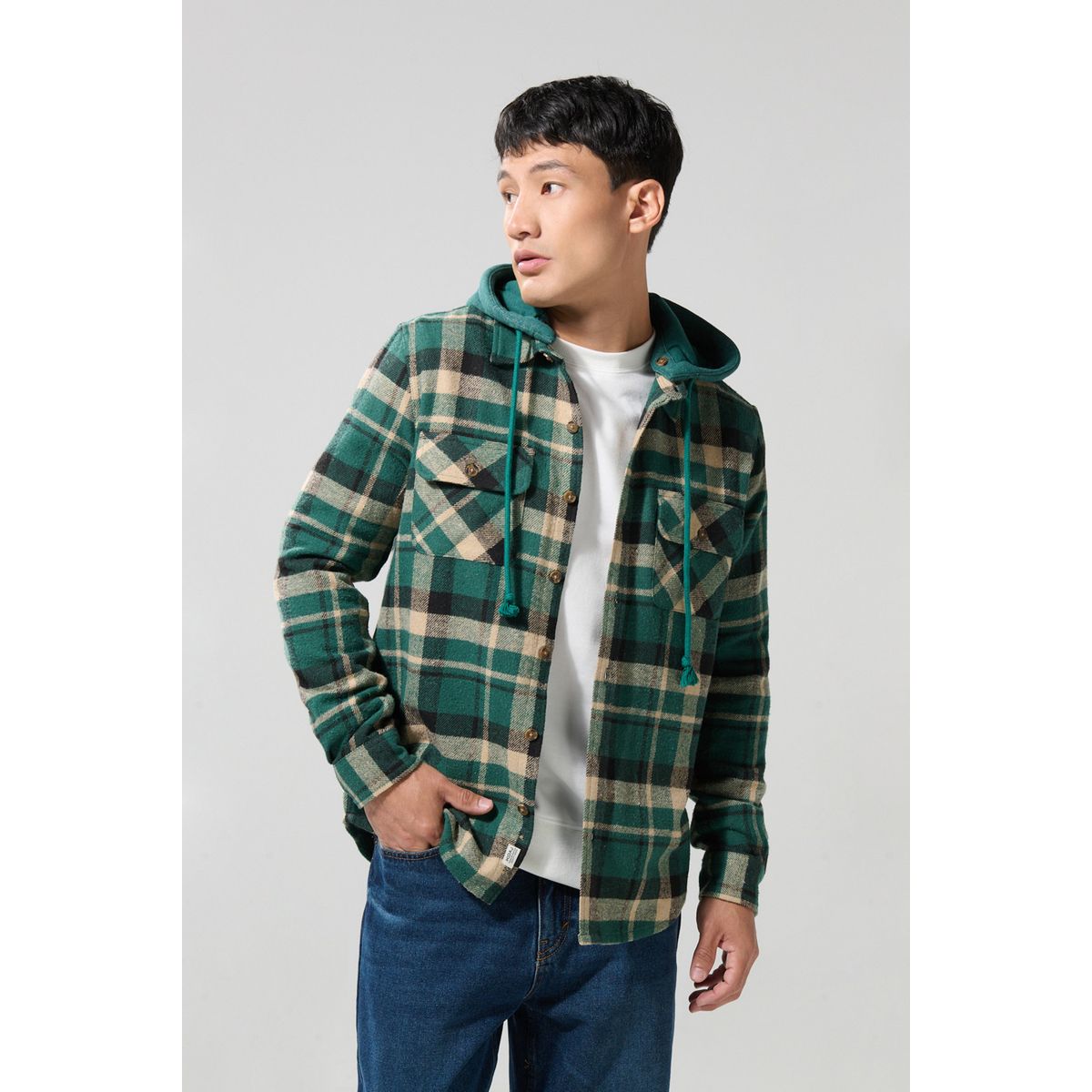 KOAJ - KOAJ Sobrecamisa con capota unicolor a cuadros oversize Hombre