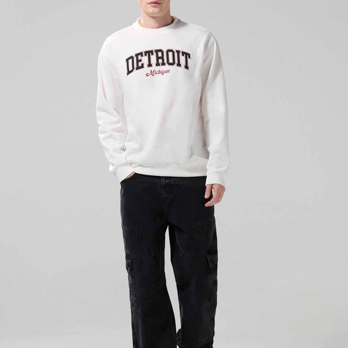 KOAJ - KOAJ Buzo cuello redondo college crema con manga larga Hombre