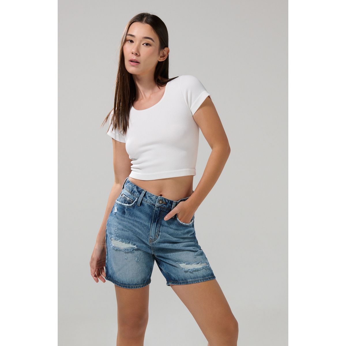 KOAJ - KOAJ Short de jean tiro súper alto azul medio con rotos Mujer