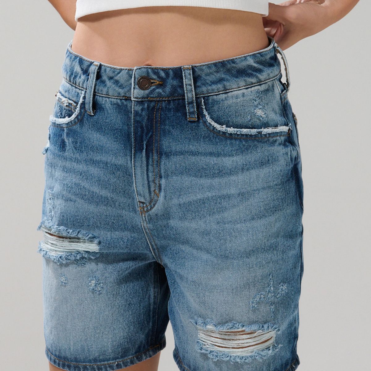 KOAJ - KOAJ Short de jean tiro súper alto azul medio con rotos Mujer